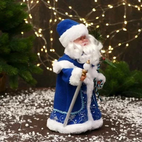Дед Мороз синяя шуба с посохом 27 см