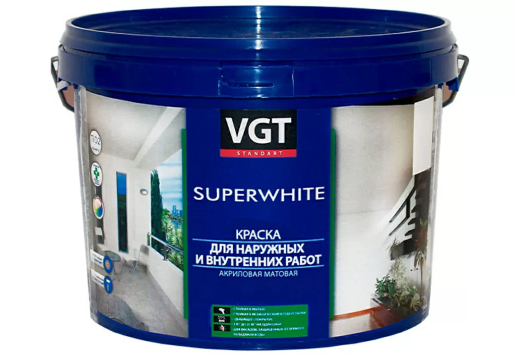 Краска водно-дисперсионная для наружных и внутренних работ VGT 3 кг моющаяся акриловая белоснежная ВД-АК-1180