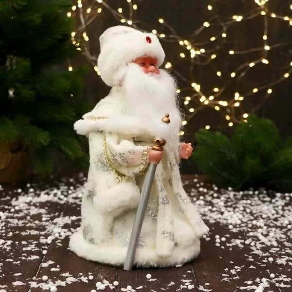Дед Мороз с фонариком в посохе 30 см белый двигается