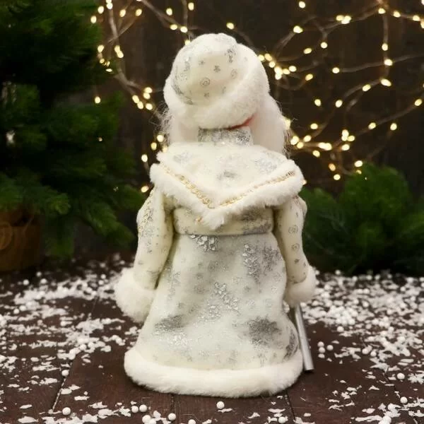 Дед Мороз с фонариком в посохе 30 см белый двигается