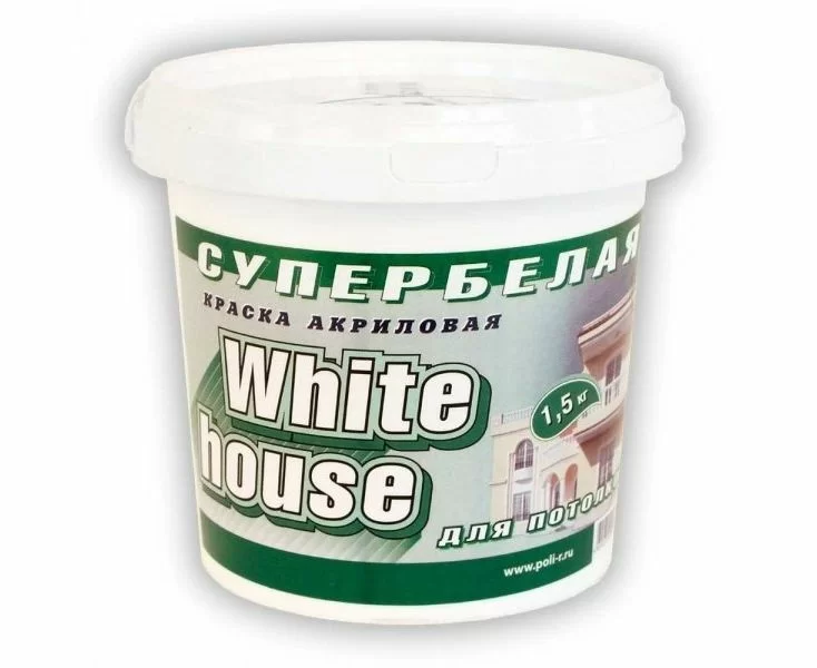 Краска водно-дисперсионная для потолков White House 1,5 кг супербелая