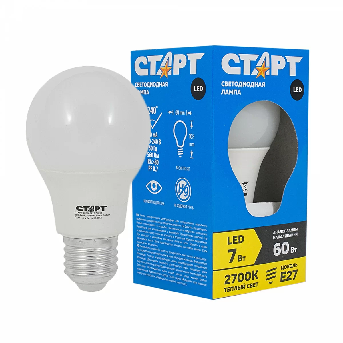 Лампа Старт eco led gls e27 7w 2700к теплый свет