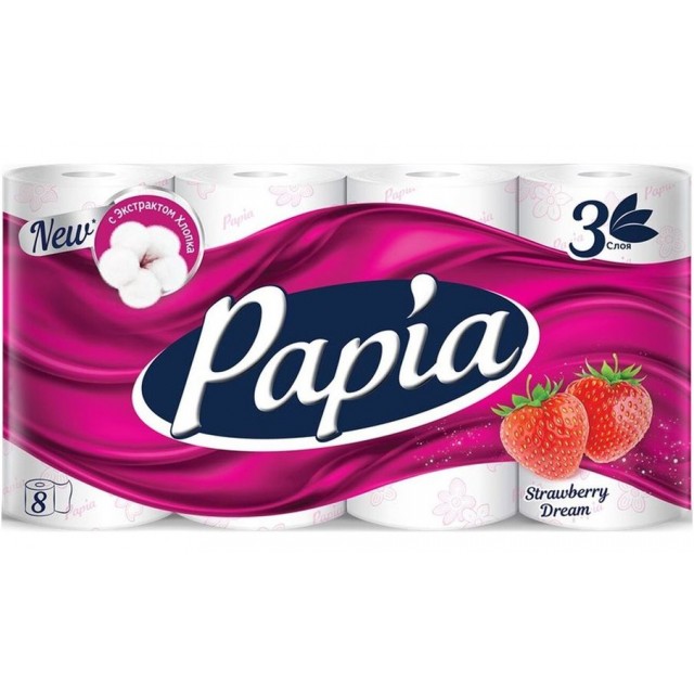 Туалетная бумага Hayat papia белая 3слоя 8шт с ароматом strawberry dream