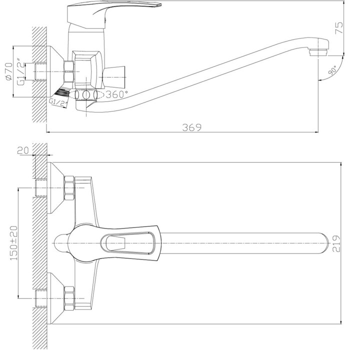 Смеситель для ванны Rossinka Silvermix T40-34 с S-образным поворотным изливом 350 мм