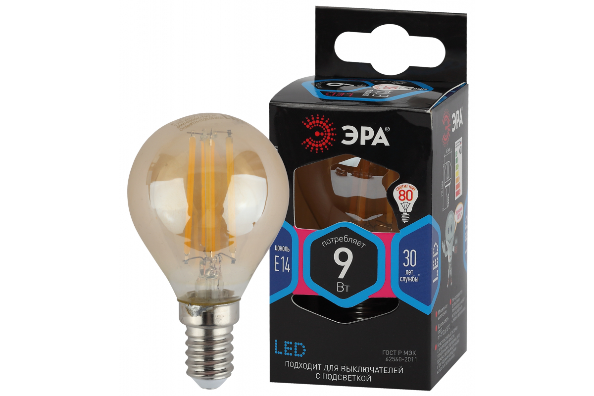 Филаментная лампа Эра f-led p45 e14 9w 840 gold б0047028