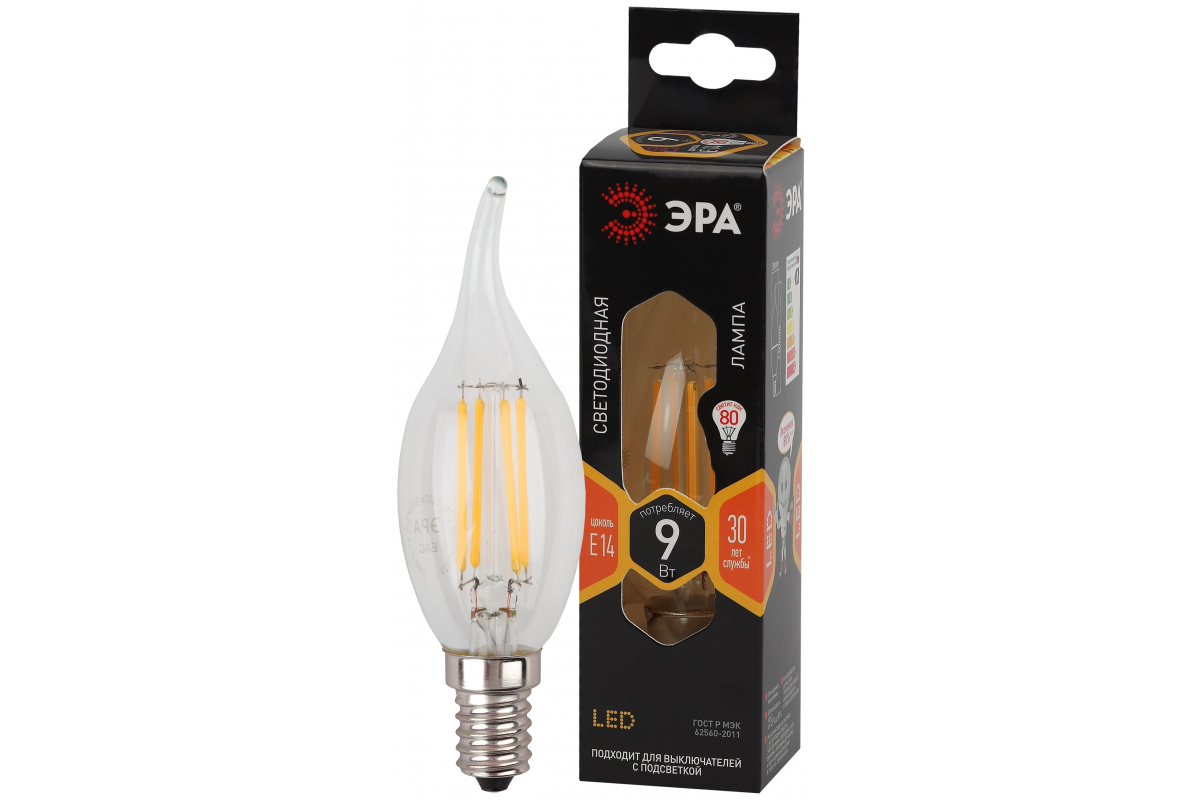 Филаментная лампа Эра f-led bxs e14 9w 827 б0047003