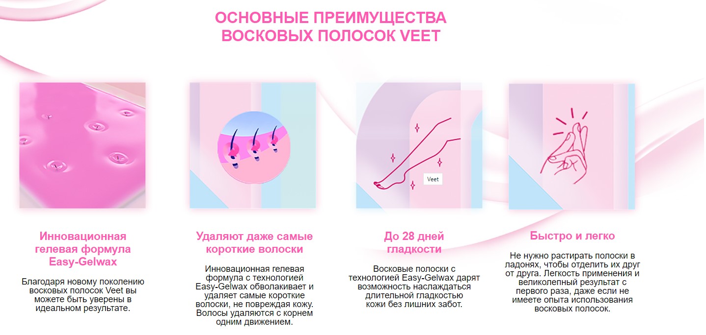 Восковые полоски Veet для чувствительной кожи лица тела бархатные розы 20 шт