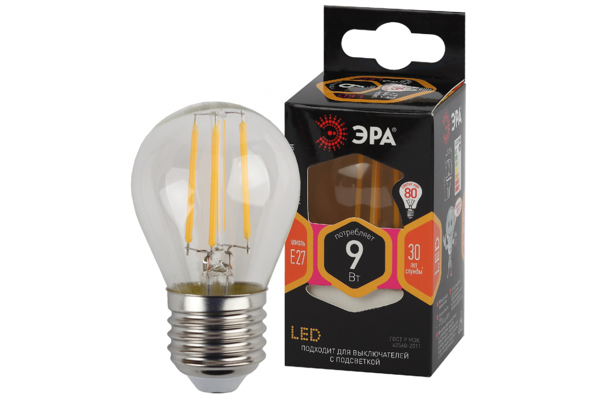 Филаментная лампа Эра f-led p45 e27 9w 827 б0047023