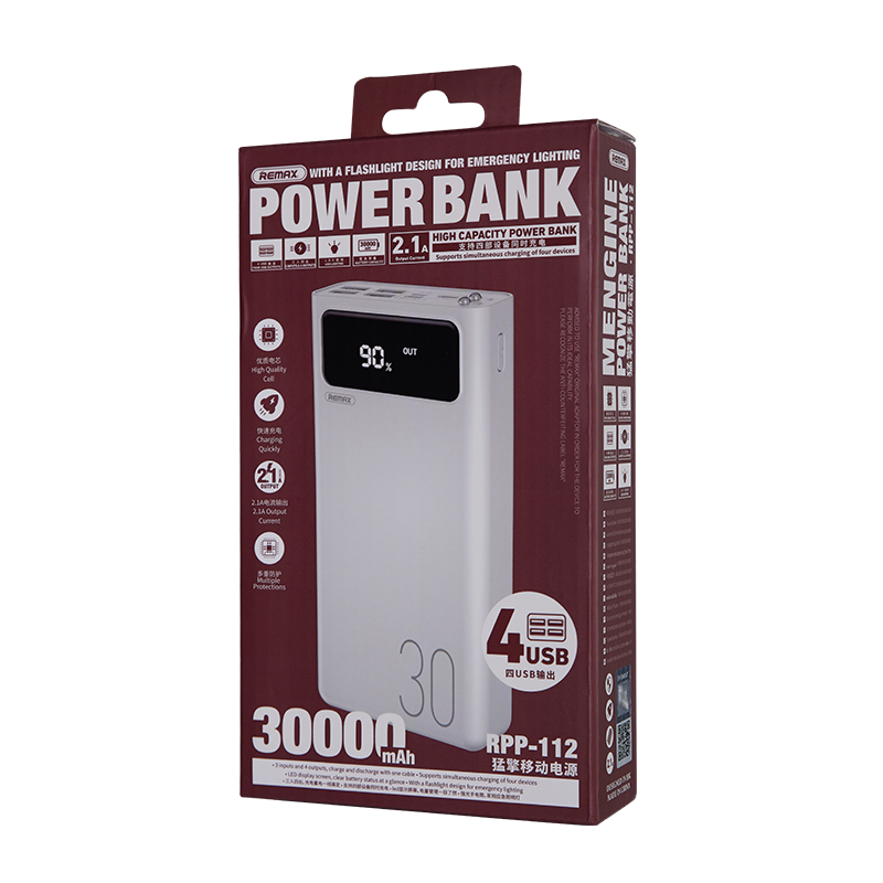 Аккумулятор внешний Remax Mengine Series RPP-112 30000mAh 4USB 2Type-C 2.1A пластик белый
