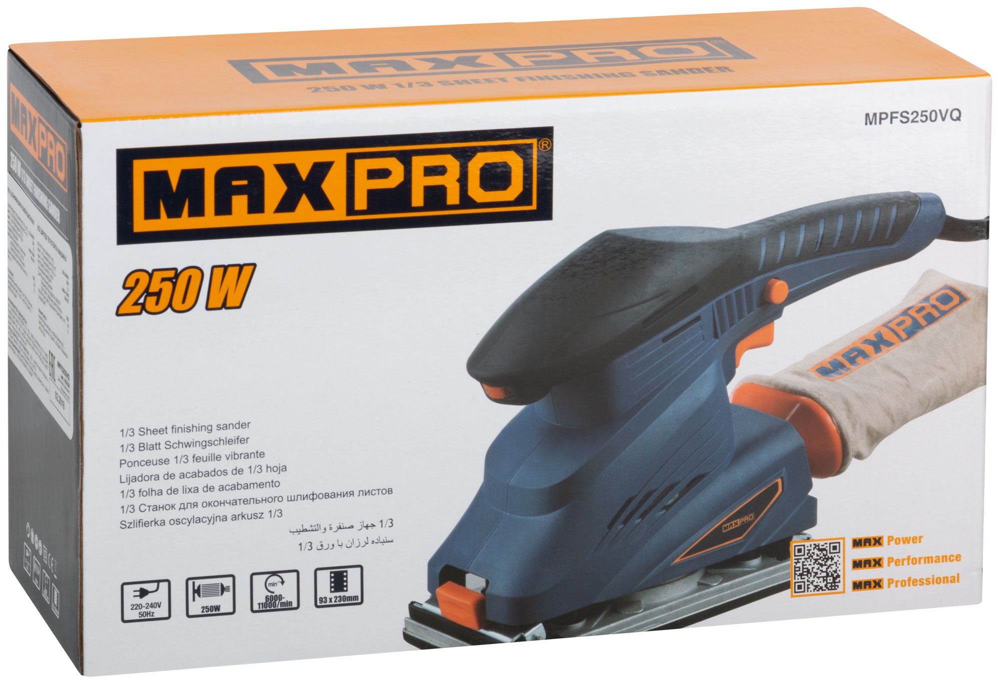 Виброшлифмашина max-pro 250вт 90х187мм 1.7кг 6000-11000/мин