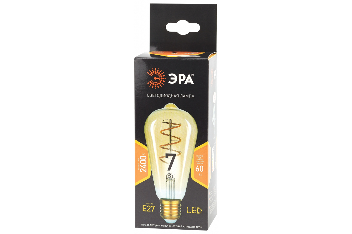 Филаментная лампа Эра f-led st64 e27 7w 824 spiral gold б0047665