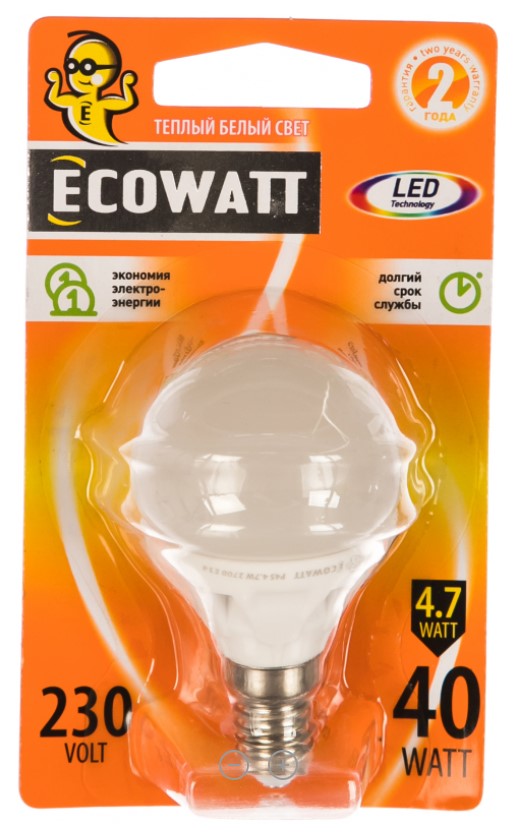 Светодиодная лампа Ecowatt led p45 e14 4.7w 2700k