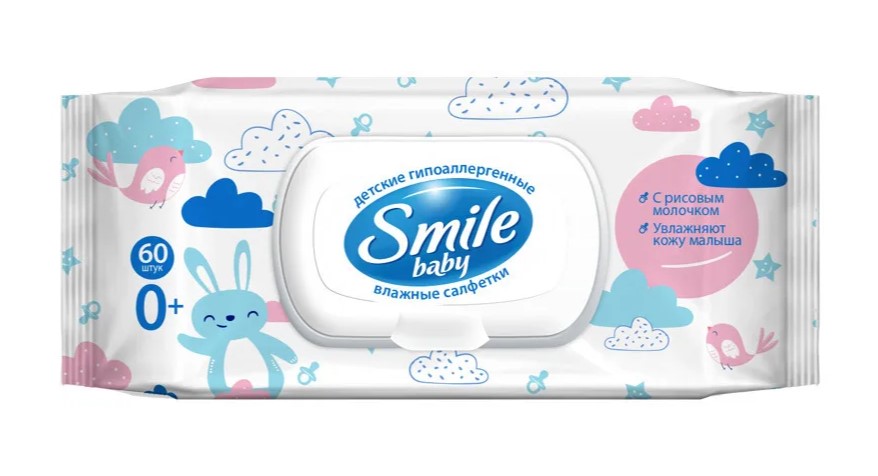 Салфетки влажные для детей Smile baby 60шт с рисовым молочком