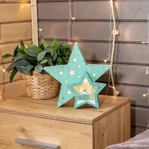 Деревянная фигура с подсветкой Neon-Night Домик Звездочета 504-019 бирюза 26х7х25 см Деревянная фигура с подсветкой Neon-Night Домик Звездочета 504-019 бирюза 26х7х25 см
