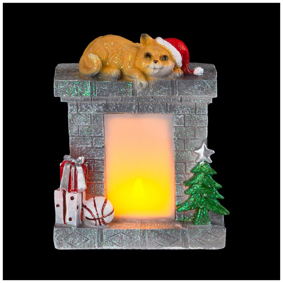 Фигурка декоративная Камин с котенком, с подсветкой 14*8*18 см, 169-228 