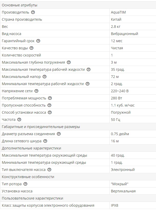 Насос вибрационный 3/4 280вт напор 72м кабель 16м tim AM-SVP60В/16