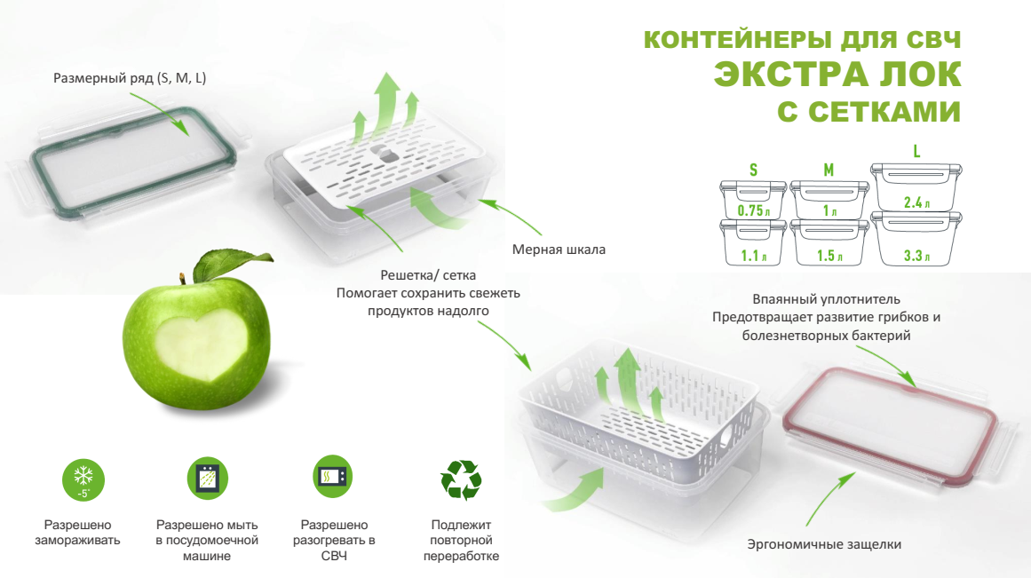 Контейнер Полимербыт «Экстра ЛОК» Bright S 1,1 л. с сеткой 4366908