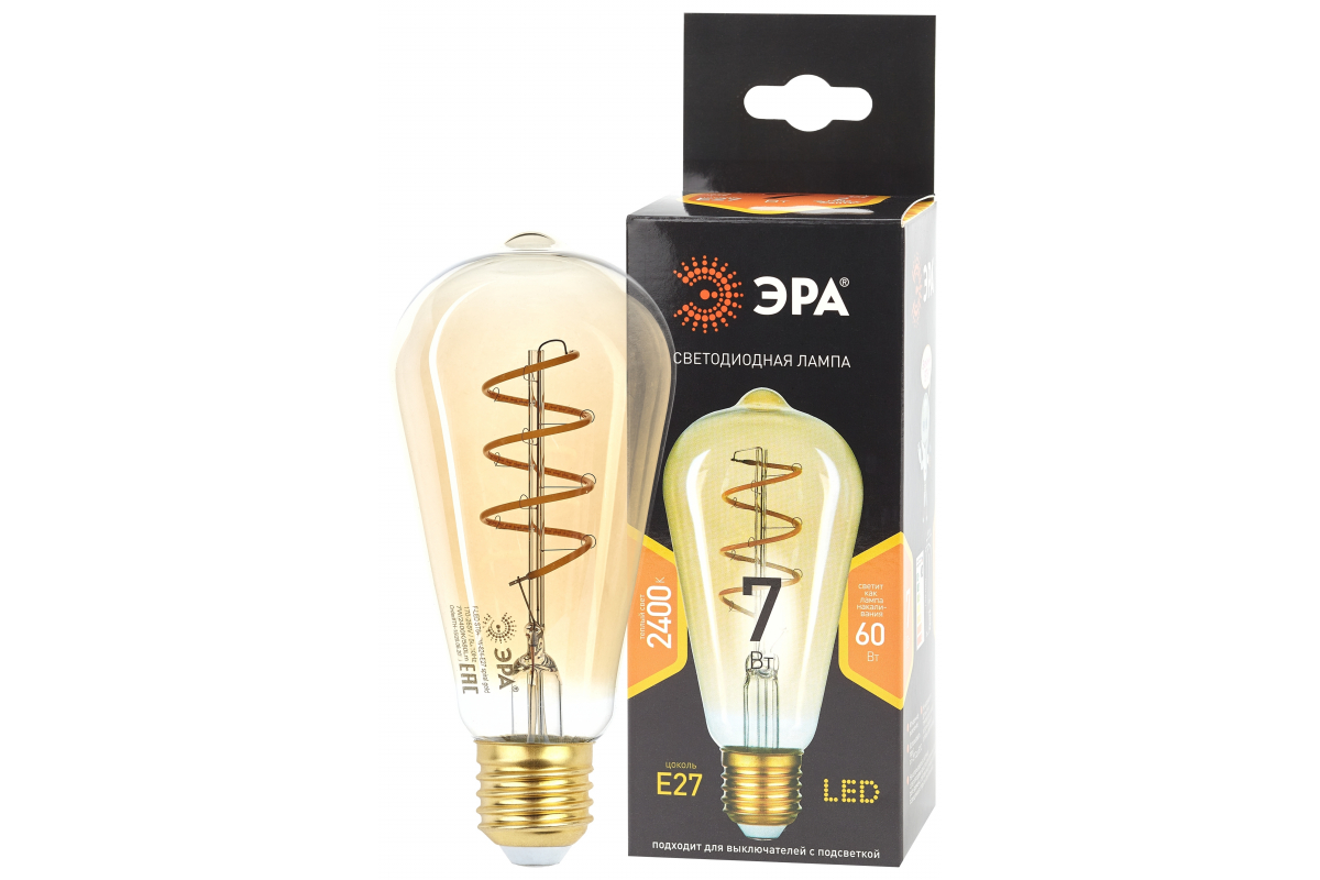 Филаментная лампа Эра f-led st64 e27 7w 824 spiral gold б0047665