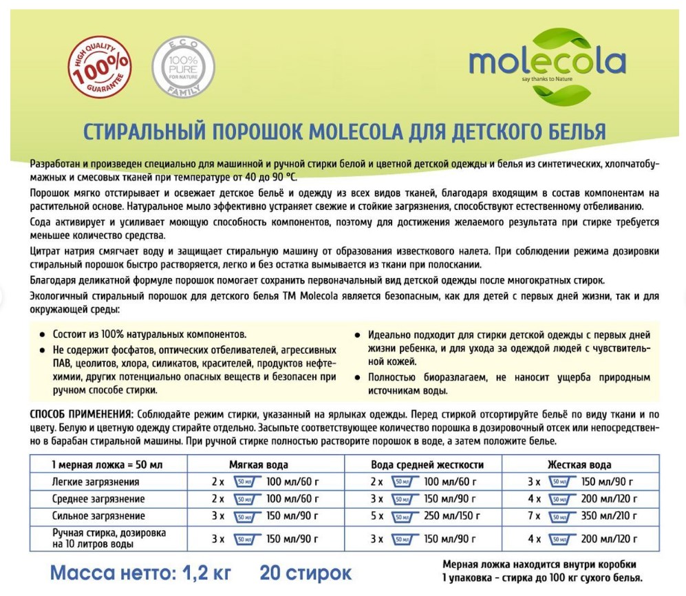 Порошок для стирки белья Molecola белый 1.2кг