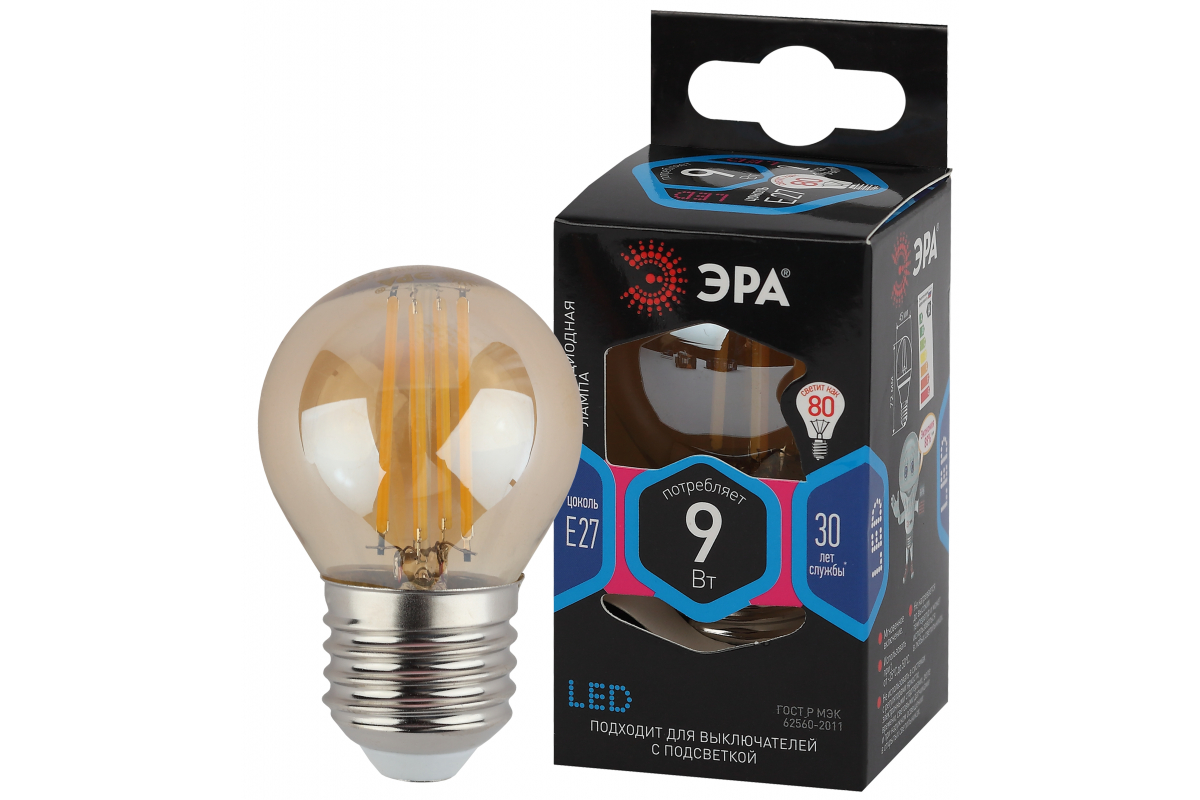 Филаментная лампа Эра f-led p45 e27 9w 840 gold б0047031